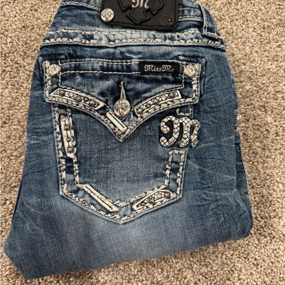 Miss Me Blue Boot Cut Jeans with Ornate Embellishments